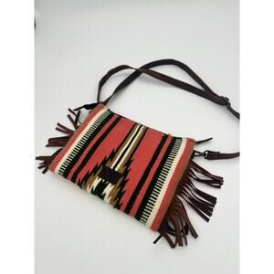 AMERICAN DARLING Brown Tooled Leather Saddle Blanket Aztec Fringe Crossbody Bag
